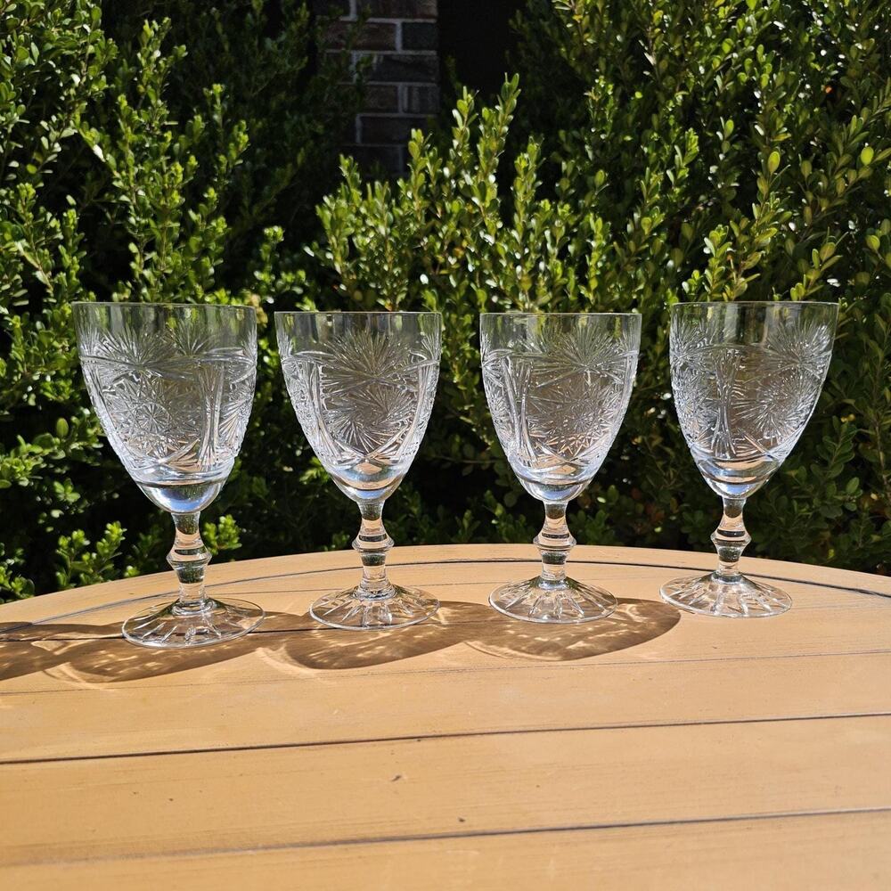Vintage Cut Crystal Hobstar and Fan Wine Glasses- Set of 4
